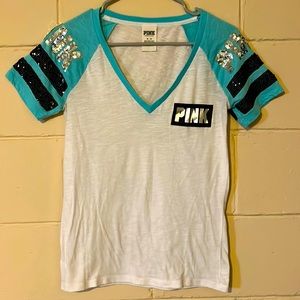 Ladies Pink Top With Blinged Sleeves. Size M.